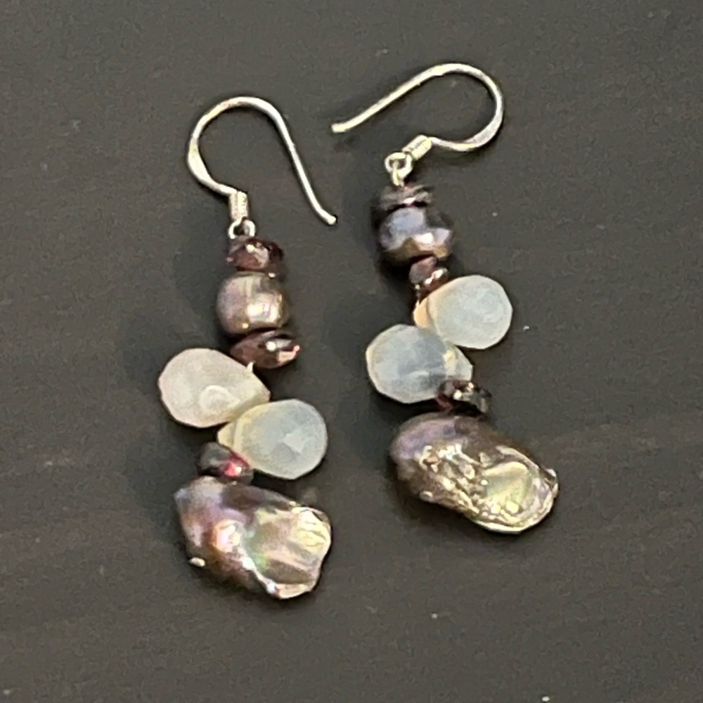 Silver, white and pearlescent abalone shell dangle earrings.
